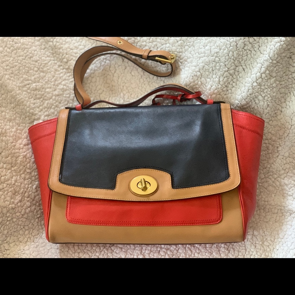 Carryall Legacy Colorblock Navy Blue/Red/Tan Leather Shoulder Satchel